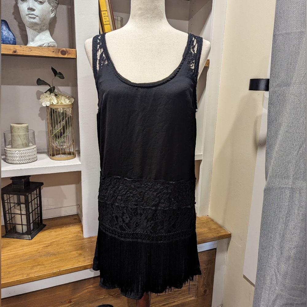 Free People Charleston Shift Black Tassel & Lace Flapper Dress Size 10
